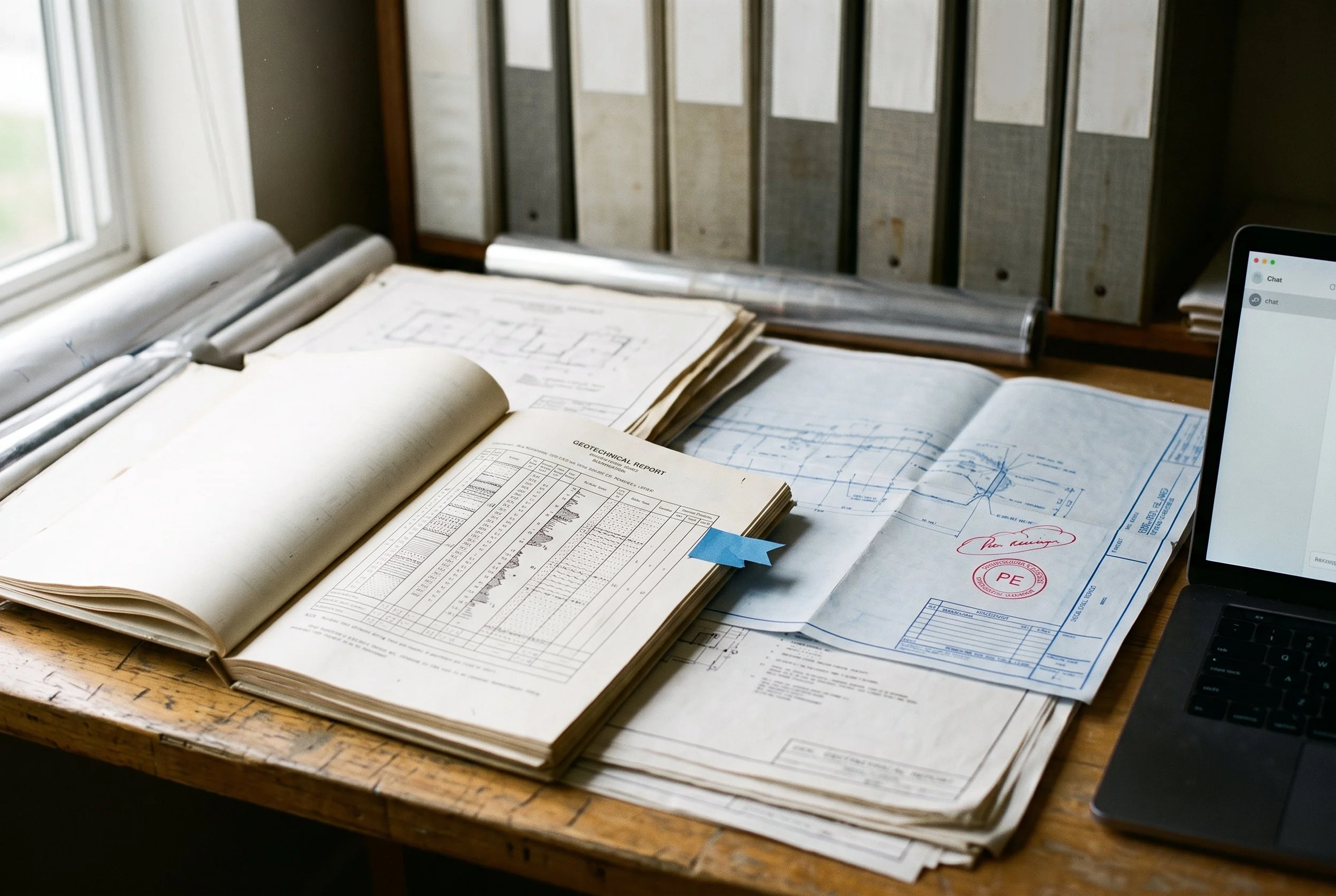 Civil engineering plan set, stamped geotechnical report, and project binders on a drafting table
