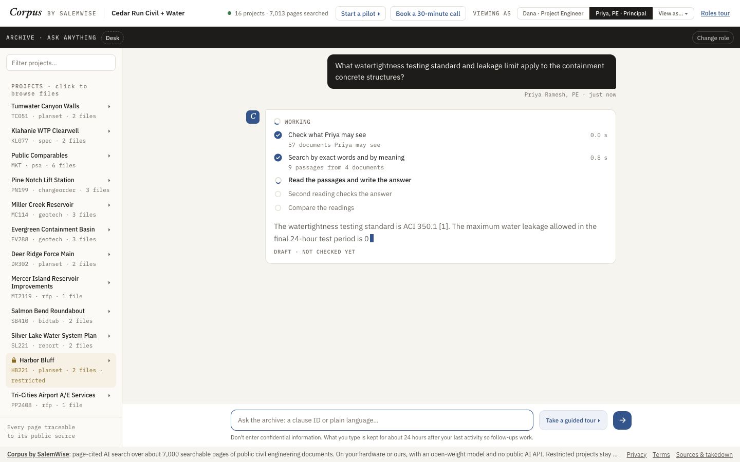 A Corpus answer in progress, with each step shown and the draft marked not checked yet