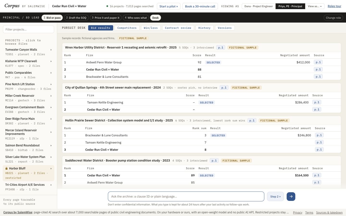 Corpus bid results: fictional awards with rank, firm, score and negotiated amount
