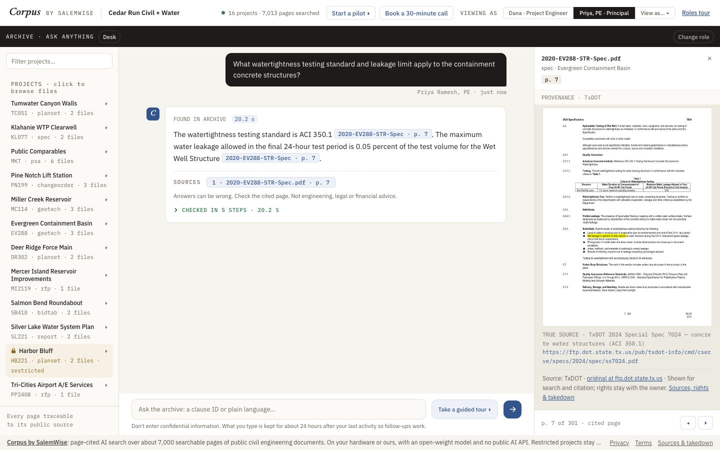 A Corpus answer citing 2020-EV288-STR-Spec page 7, with the cited page open and the passage highlighted