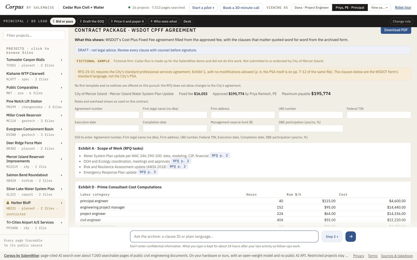 The Corpus contract package with the approved fee, the fields a person fills in and Exhibit A