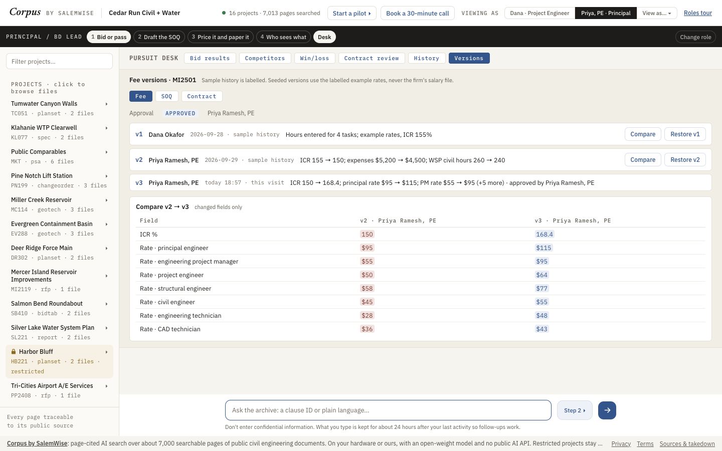 Corpus fee versions: who saved each one, and a compare of the changed fields