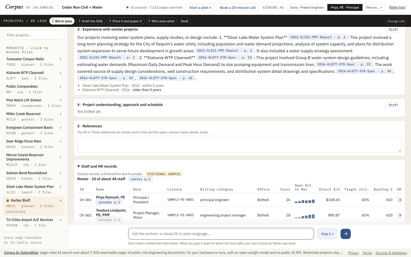 An SOQ item drafted by Corpus with page citations and each project marked within or older than 5 years