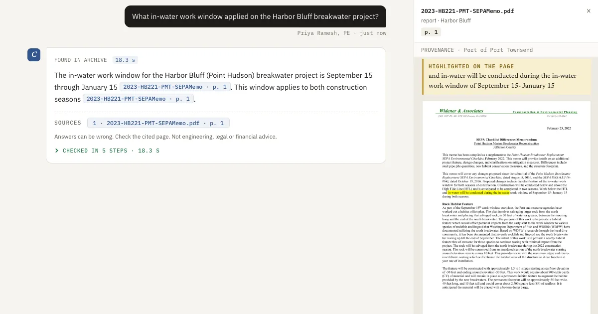 Corpus demo: an answer cited to a SEPA memo page, with that page open and the cited sentence highlighted