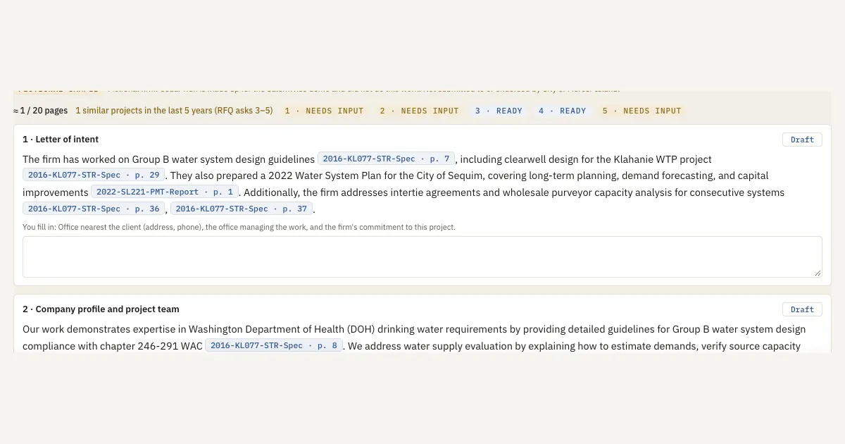 Corpus demo SOQ builder: similar projects counted against the RFQ and a letter of intent drafted with page citations