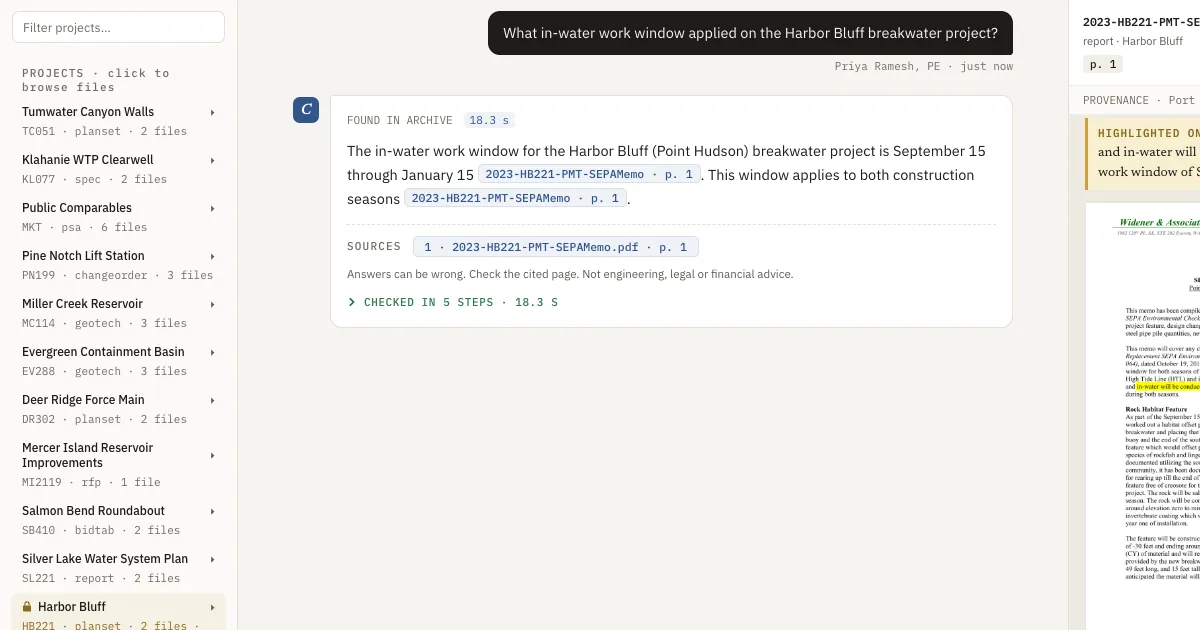 Corpus demo: a plain question about a restricted project answered with its document and page, and the source page open with the sentence highlighted
