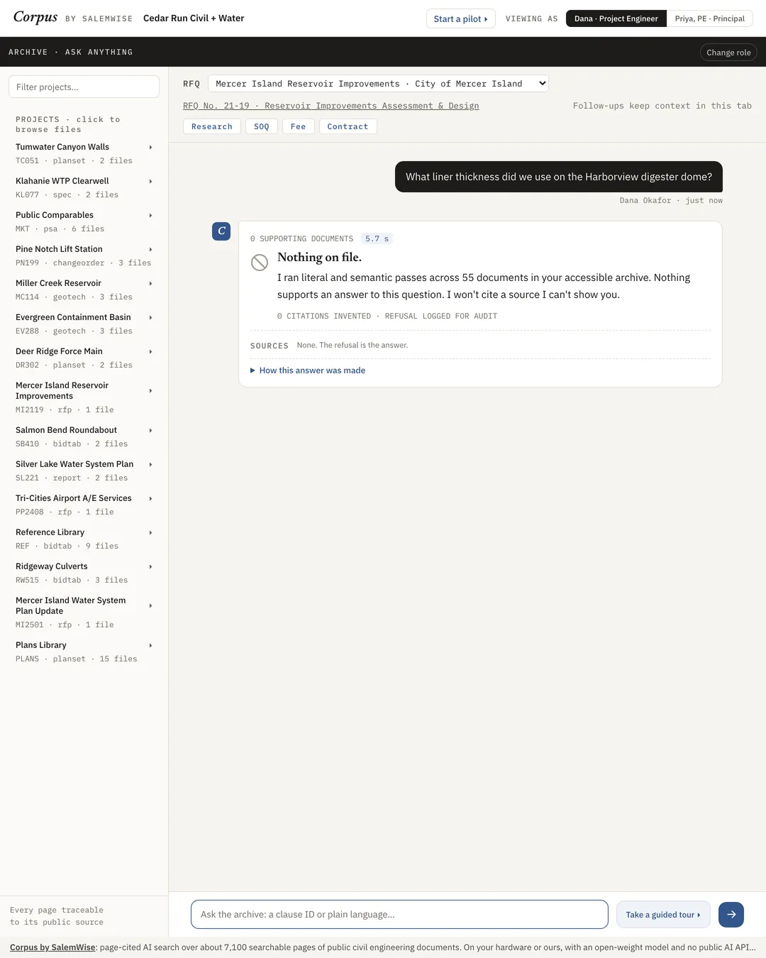 Corpus RAG demo showing a correct refusal: Nothing on file, with zero sources listed