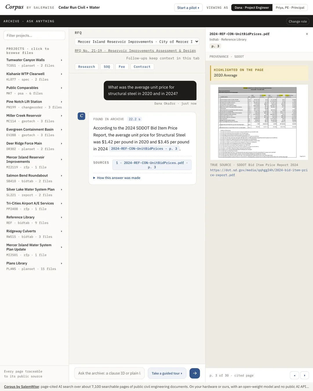 Corpus hybrid search RAG demo answer citing a bid tabulation page, with the source PDF page open and the cited sentence highlighted